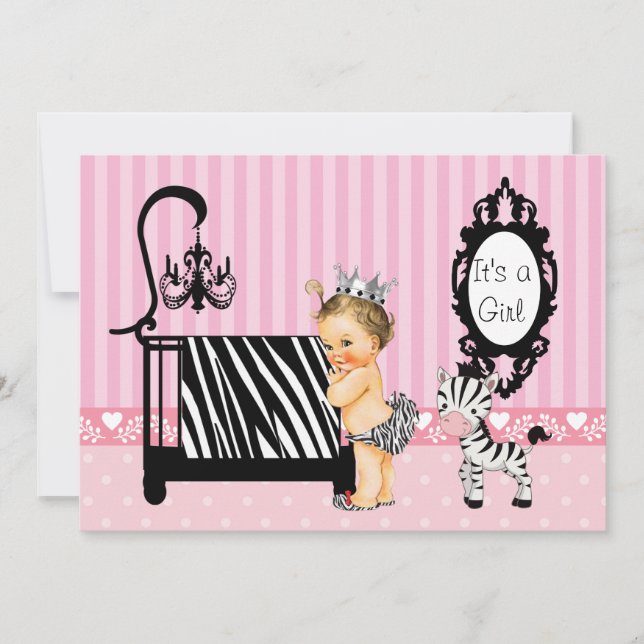 Invitation Baby shower rose et zèbre (Devant)