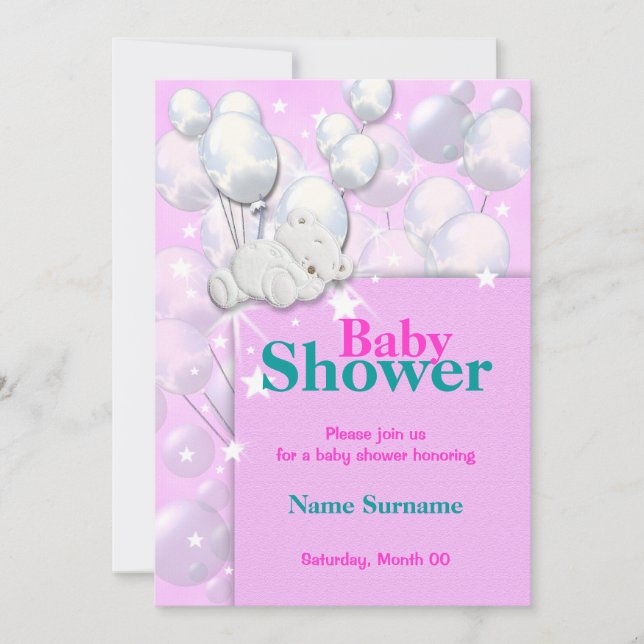 Invitation Baby shower rose filles mignonnes (Devant)