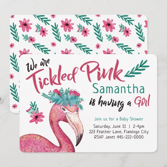 Invitation Baby shower rose Flamant rose (Devant / Derrière)