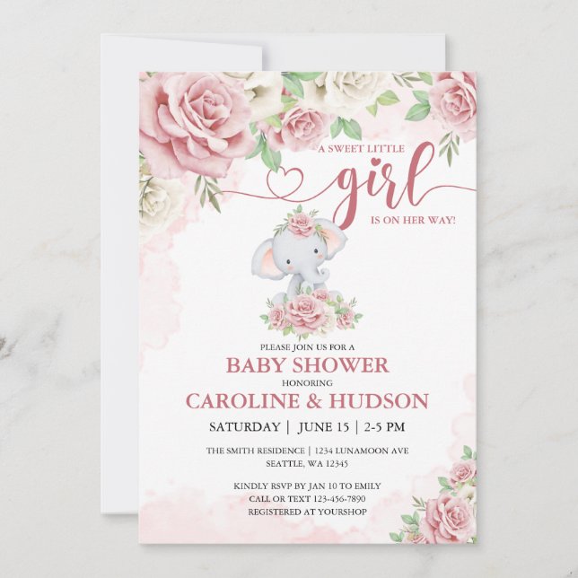 Invitation Baby shower rose Fleur Eléphante Rose Bleu (Devant)