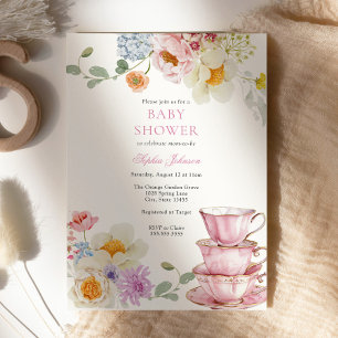 Invitation Baby shower rose Fleur sauvage à thé