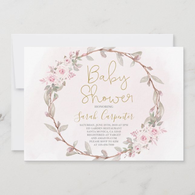 Invitation baby shower rose floral (Devant)