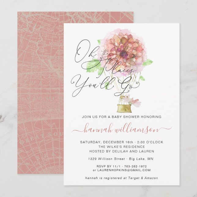 Invitation Baby shower rose Floral à air chaud (Devant / Derrière)