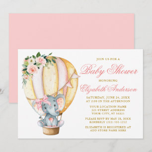 Invitation Baby shower rose floral à bulle d'éléphant de fond