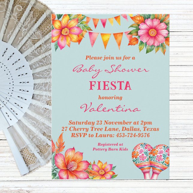 Invitation Baby shower rose Floral bleu mexicain Fiesta (Créateur téléchargé)