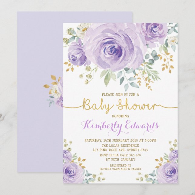 Invitation Baby shower rose floral de fille de Boho d'or (Devant / Derrière)