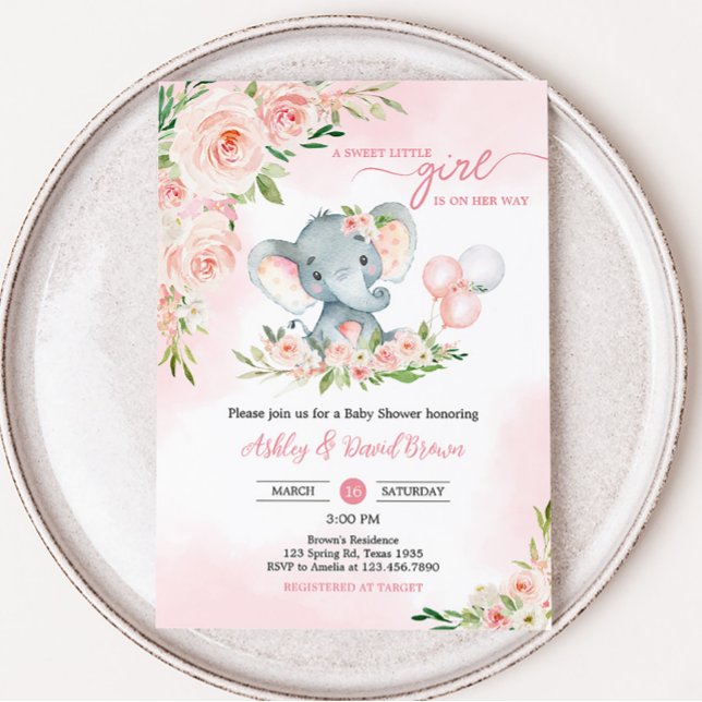Invitation Baby shower rose floral éléphant ballon (Floral Balloon Elephant Baby Shower Invitation)