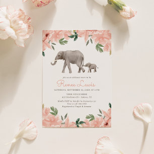 Invitation Baby shower rose floral Eléphant fille
