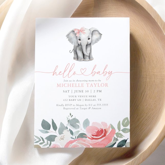 Invitation Baby shower rose floral Eléphant fille (Créateur téléchargé)