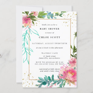 Invitation Baby shower rose floral et or élégant