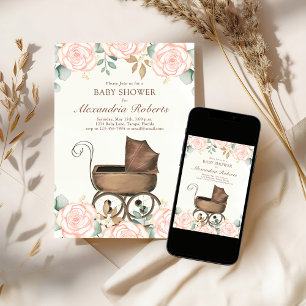 Invitation Baby shower rose Floral fille Modèle Vintage