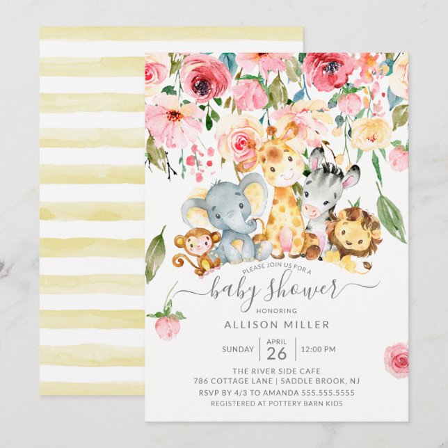 Invitation Baby shower rose floral neutre Safari Animaux (Devant / Derrière)