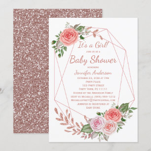 Invitation Baby shower rose floral rose de fille d'or