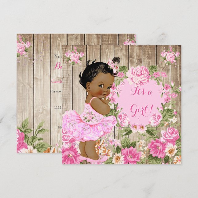 Invitation Baby shower Rose Floral Rustique Bois Girl Ethniqu (Devant / Derrière)
