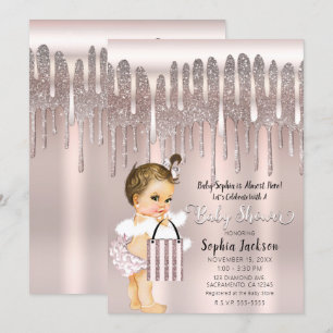 Invitation Baby Shower Rose Glacée Pailletée Diamant Rose Cla