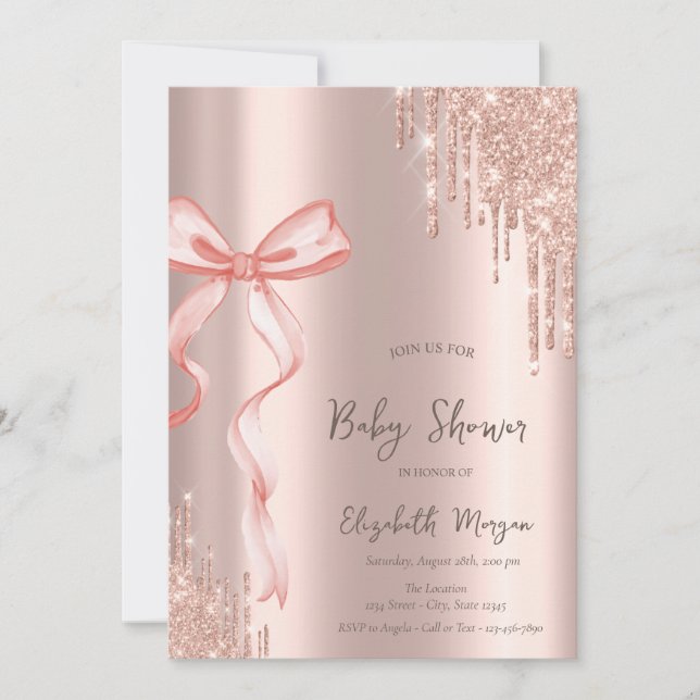 Invitation Baby shower Rose Gold Dessin à main rose Bow (Devant)
