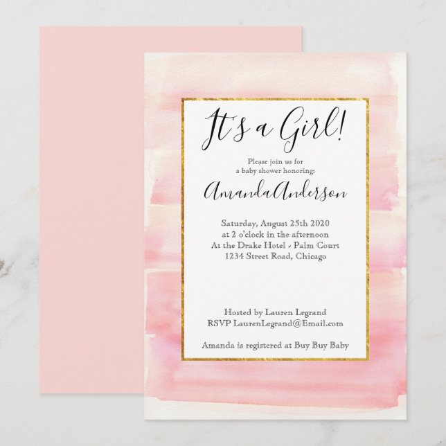 Invitation Baby shower rose Gold Pink Ombre Girly (Devant / Derrière)
