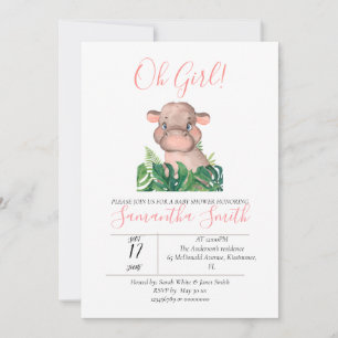 Invitation Baby shower rose Hippo Jungle Aquarelle