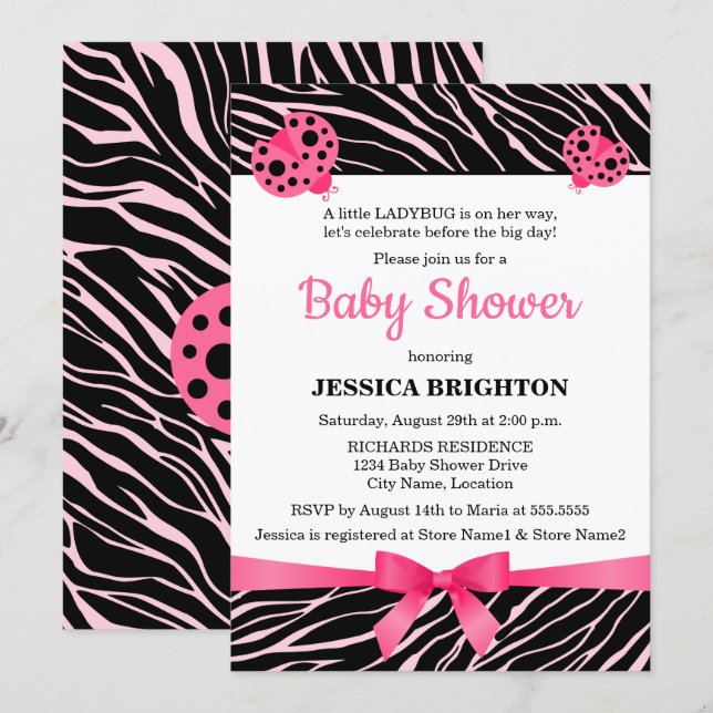Invitation Baby shower rose Ladybug Zebra Stripes (Devant / Derrière)