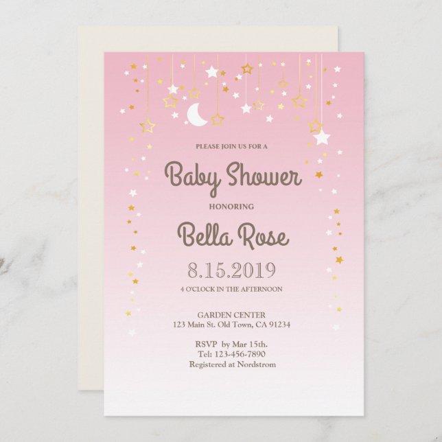 Invitation Baby shower rose Lune Star fille (Devant / Derrière)