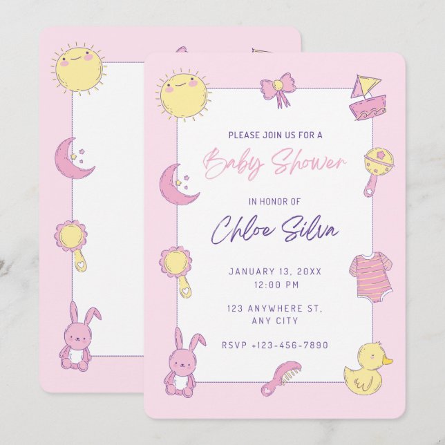Invitation Baby shower rose mignon (Devant / Derrière)