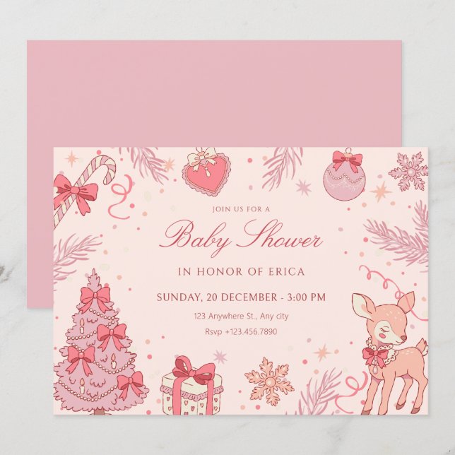 Invitation Baby shower rose mignon d'hiver (Devant / Derrière)
