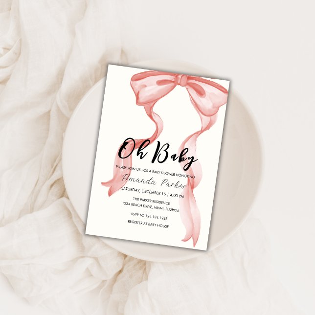 Invitation Baby shower rose moderne élégante Bow Girl (Pink Modern Elegant Bow Girl Baby Shower Invitation)
