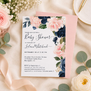 Invitation Baby Shower Rose Navy Floral Cascade