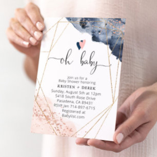 Invitation Baby shower rose or et bleu marine Aquarelle