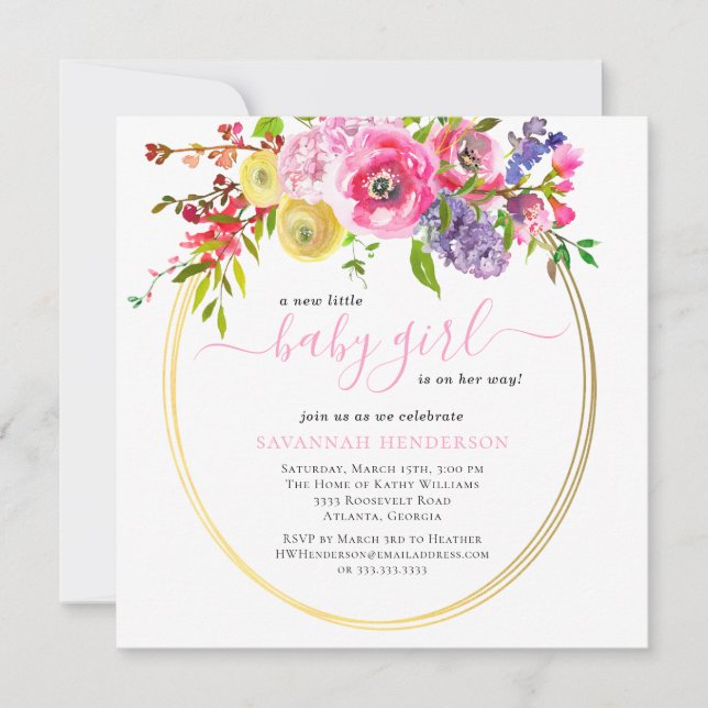 Invitation Baby shower rose or floral fille (Devant)