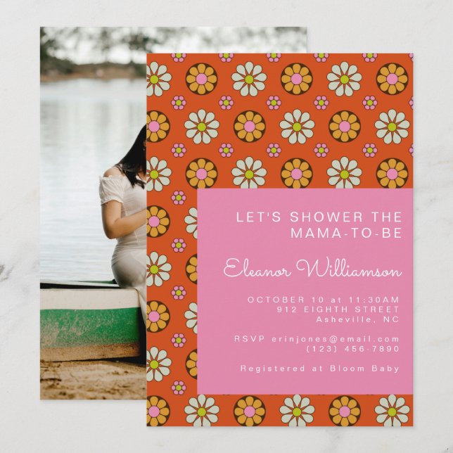 Invitation Baby shower rose orange des années 60 (Devant / Derrière)