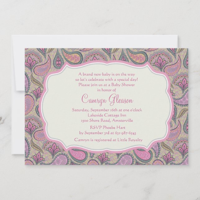 Invitation Baby shower rose Paisley (Devant)