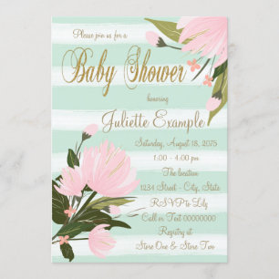 Invitation Baby Shower Rose Pâle et Rayures Dorées