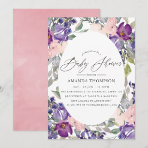 Invitation Baby Shower Rose Pâle, Violet et Fleur de Prunier