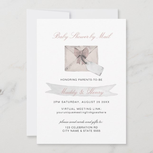 Invitation Baby shower rose par courrier distance virtuelle (Devant)