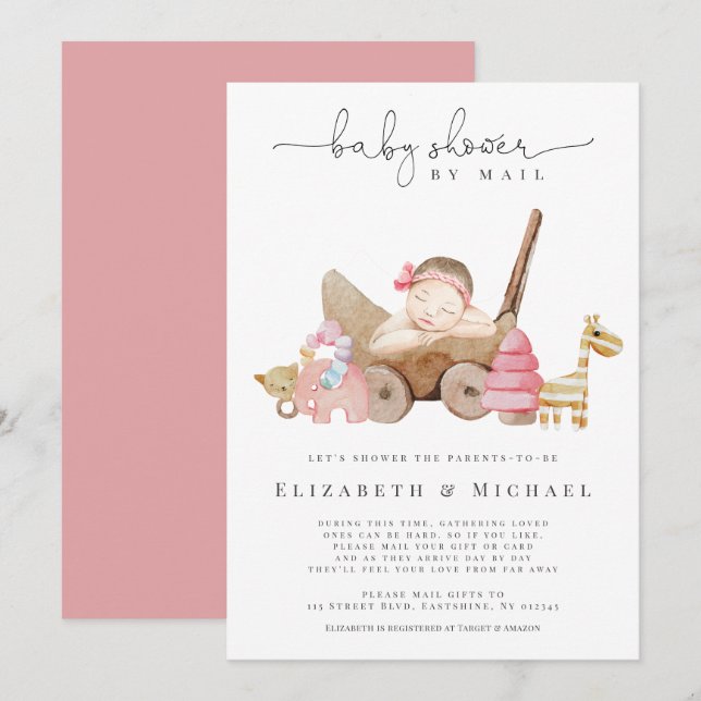 Invitation  Baby shower Rose Par Mail Girl Boho Longue Distan (Devant / Derrière)