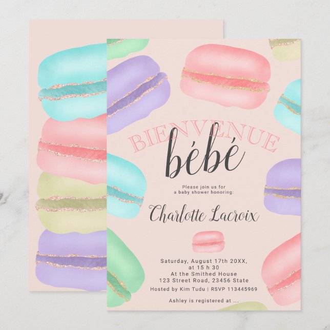 Invitation Baby shower rose parties scintillant de macarons f (Devant / Derrière)