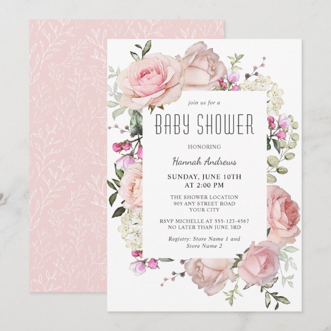 Invitation Baby shower Rose Pastel Pink Garden pour fille (Devant / Derrière)