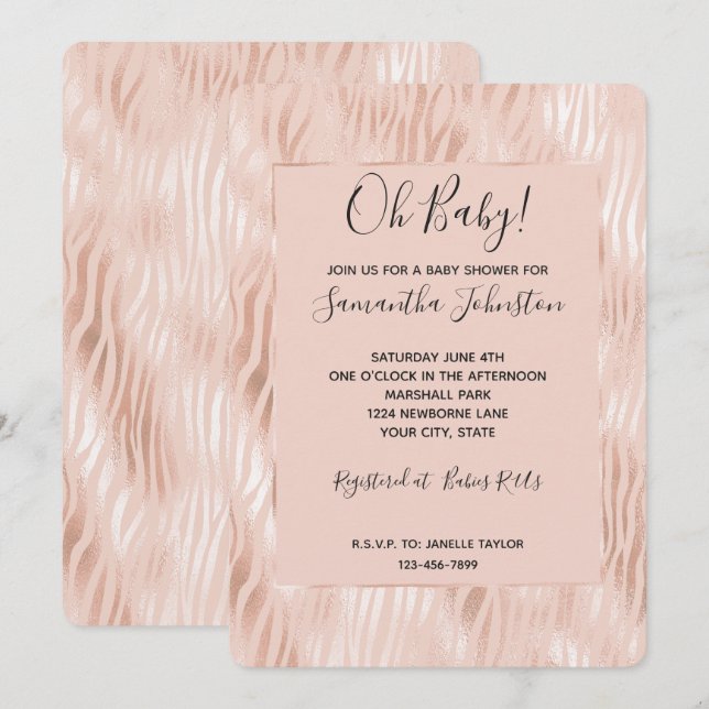 Invitation Baby Shower Rose Pêche Zèbre Rose (Devant / Derrière)