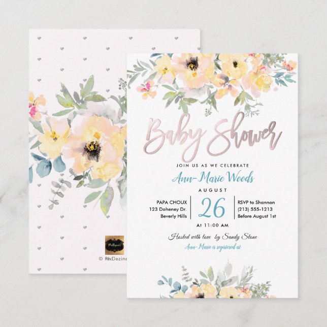 Invitation Baby shower Rose PixDezines Watercolor Garden (Devant / Derrière)