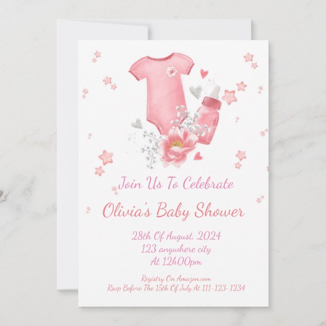 INVITATION BABY SHOWER ROSE POUR LES FILLES (Devant)