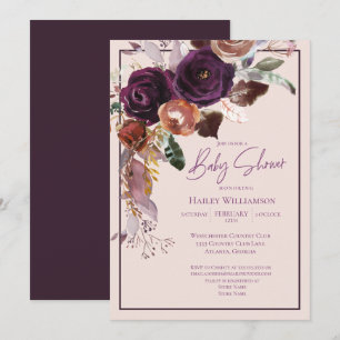 Invitation Baby shower rose, prune, rose et or
