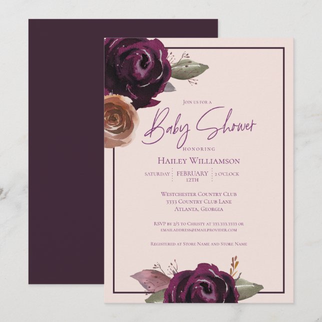 Invitation Baby shower rose, prune, violet et or (Devant / Derrière)
