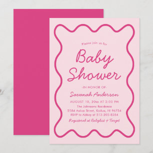 Invitation Baby shower rose rétro moderne ondulé gras