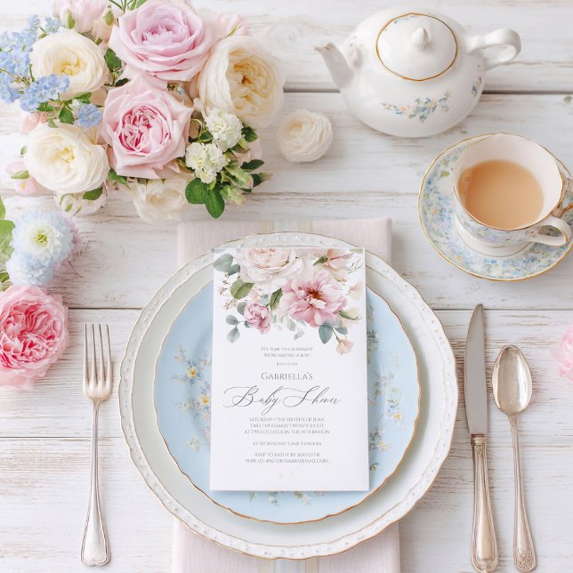 Invitation Baby shower rose romantique à fleurs (Créateur téléchargé)