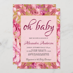 Invitation Baby shower Rose rose pâle Monogramme 