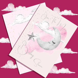 Invitation Baby shower rose sur l'aquarelle de la lune