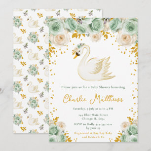 Invitation Baby shower Rose Swan Sage Green et Gold