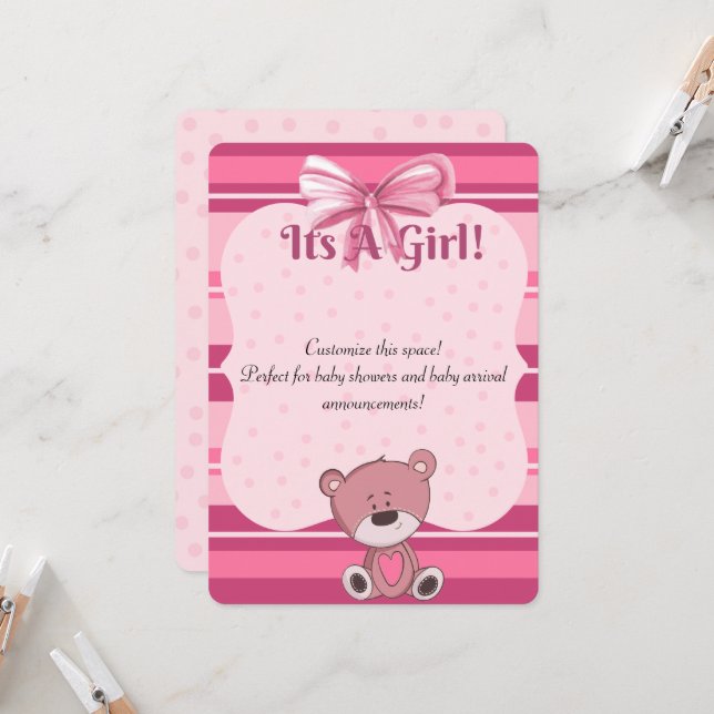 Invitation Baby shower rose Teddy Invitation/ annonce (Devant/Arrière en situation)