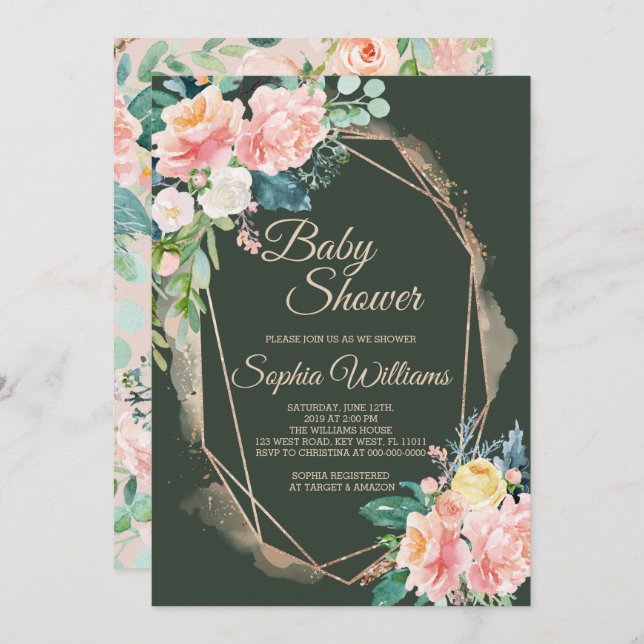 Invitation Baby shower rose, vert foncé et or (Devant / Derrière)